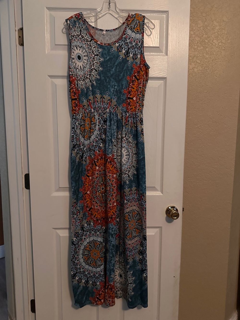 Amazon Sleeveless Teal Maxi Dress with Orange and White Medallion Print